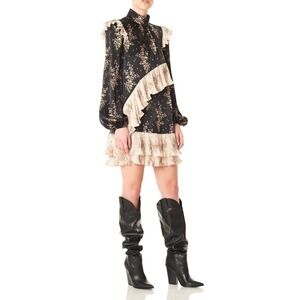 AMUR Devin Silk Ruffle Mini Dress Floral High Neck Size 2 Black Prairie Cottage